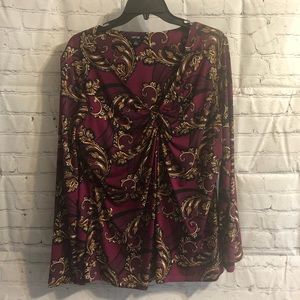 APT. 9 -Women’s Long Sleeve Gathered V-Neck Purple/Black/Gold Paisley Blouse -XL